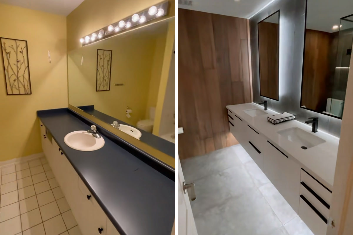 The same bathroom before and after: dated yellow bathroom with a long blue countertop on the left, remodeled bathroom with a double vanity and lit mirrors on the right